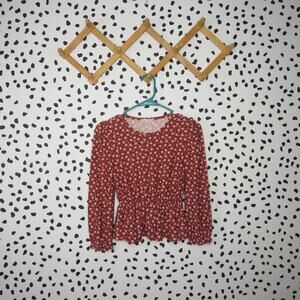 Beautees Red Floral Print Smocked Waist Girls Long Sleeve Shirt